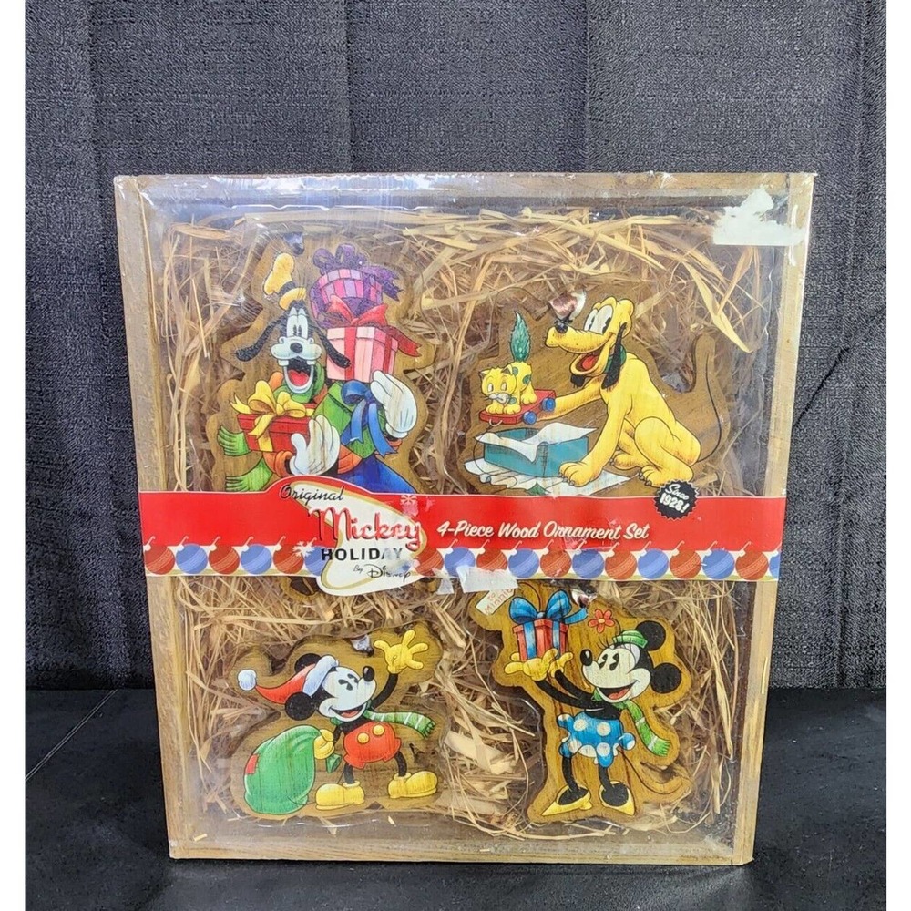Original Disney MICKEY MOUSE WOOD Christmas Ornament Set - 4Piece NIB Vintage